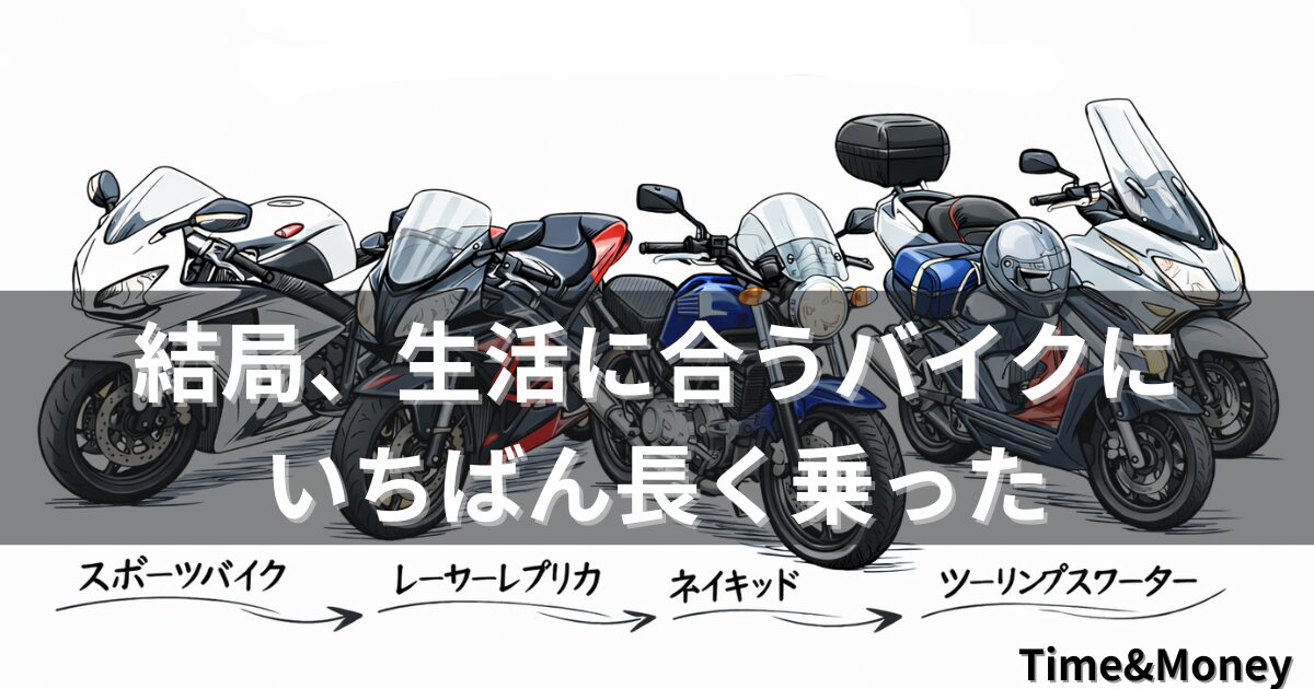 スポーツバイクからツーリングスクーターまで、バイク遍歴をイラストで表現したアイキャッチ画像