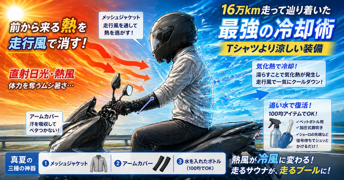 PCXで16万km走行したライダーが実践する夏の冷却術とメッシュジャケットによる気化熱冷却のイメージ